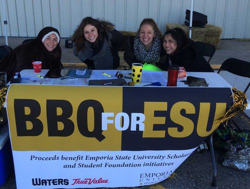 Members of the ESU Student Foundation work during the organization’s barbecue rib fundraiser on Super Bowl weekend. 