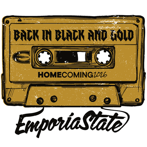 Retro audio cassette tape graphic for Emporia State University Homecoming 2026. The label on the cassette reads: Back in Black and Gold.