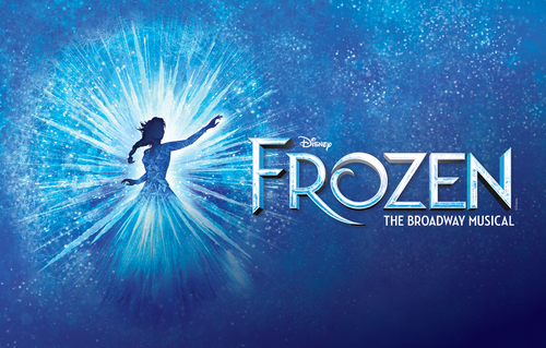 The official logo for Disney’s Frozen The Broadway Musical, featuring Elsa's silhouette casting a blast of magical ice across a deep blue background.